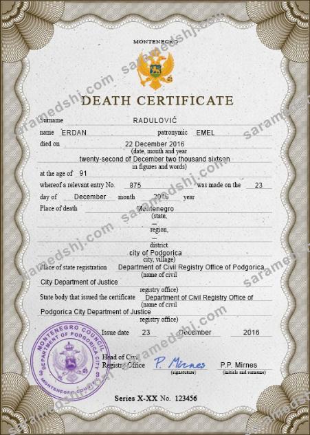 Montenegro vital record death certificate PSD template